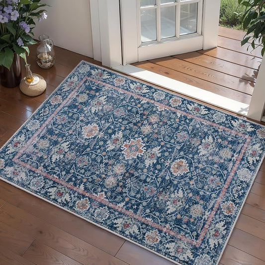 Tangsoo 2x3 Small Throw Rugs for Entryway Washable Entry Rug Non Slip,Vintage Blue Floral Indoor Rugs Small Carpet Soft Low Pile Boho Front Door Mat for Entrance Bedroom Kitchen Bathroom Foyer Decor