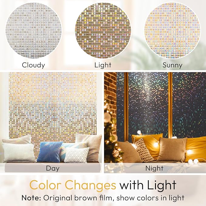 rabbitgoo Window Privacy Film, Mosaic Stained Glass, Brown 17.5" x 157.4" | Rainbow Decorative Removable Static Cling Tint, UV Blocking Reduce Heat, Non-Adhesive Privacy Covering for Home, Office