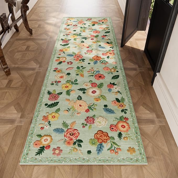 Machine Washable Rug Runners for Hallway: 2'6"x8' Kitchen Runner Rug with Rubber Backing Non Slip Low Pile Soft Faux Wool Non Shedding Lightweight Floral Floor Carpet Rugs for Entryway Bedroom Laundry