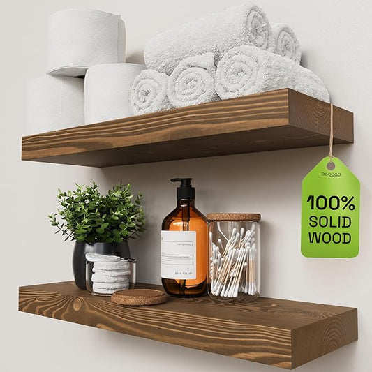 Solid Wood Floating Shelves for Wall 20 Inch Walnut, Wooden Bathroom Shelf | Real Wood, 20 Inches Wide, Heavy Duty, Wall Mounted, Kitchen Bedroom, Rustic Farmhouse, Walnut Finish, 20W × 6.7D, Set of 2