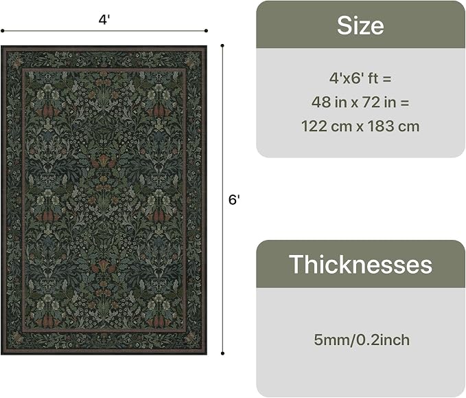 GENIMO 4x6 Washable Area Rug for Bedroom, Non Slip, Dark Green | Vintage Boho Floral Low Pile Thin Carpet for Bedroom, Dining Room, Nursery, Indoor Decor
