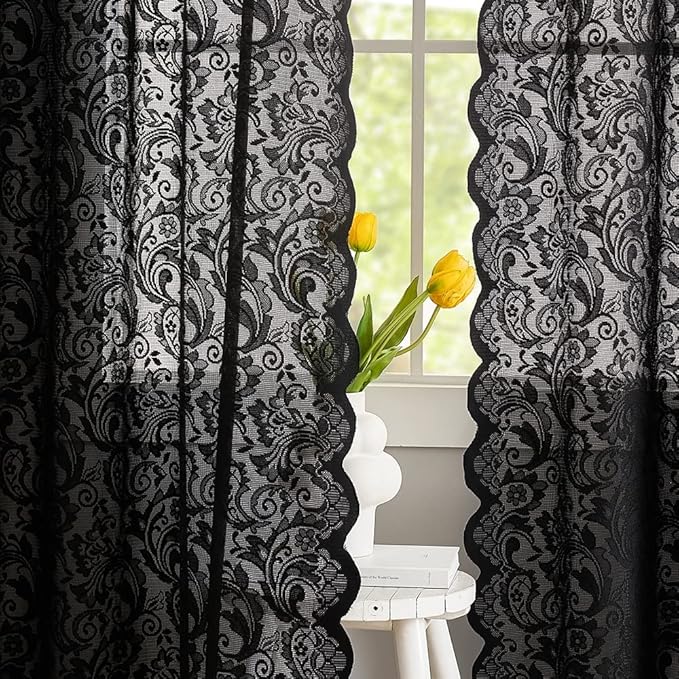 ALIGOGO Black Lace Curtains 72 inch Length 2 Panels Set -Vintage Paisley Black Sheer Curtain Panels Gothic Curtains for Bedroom French Door Boho Decor Filtering Rod Pocket 52 x 72 Inch