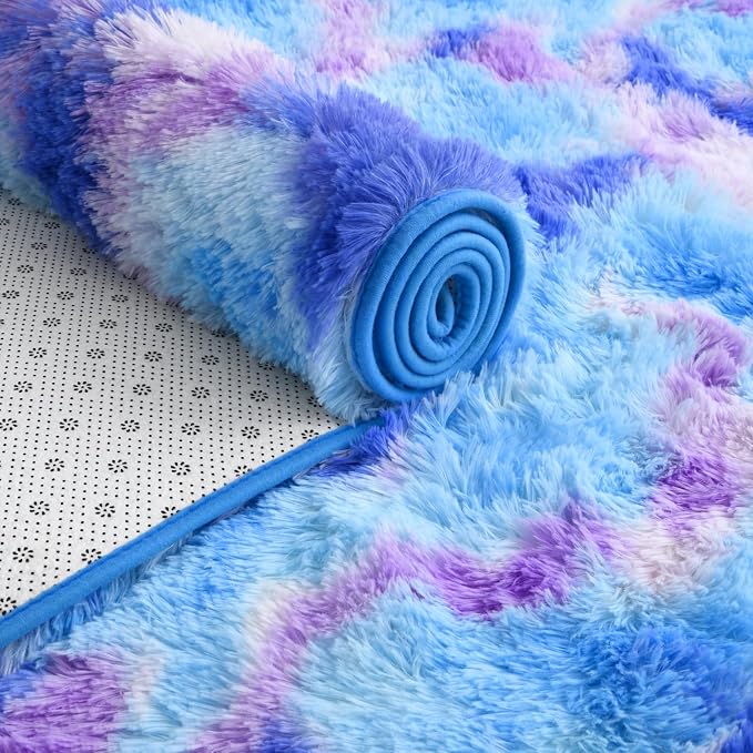AROGAN 2x6 Feet Soft Runner Rugs for Bedroom Plush Fluffy Rug, Shag Furry Area Rug Carpet Non Shedding for Nursery Children Kids Girls Room Home Hallways Decorative, Blue and Purple