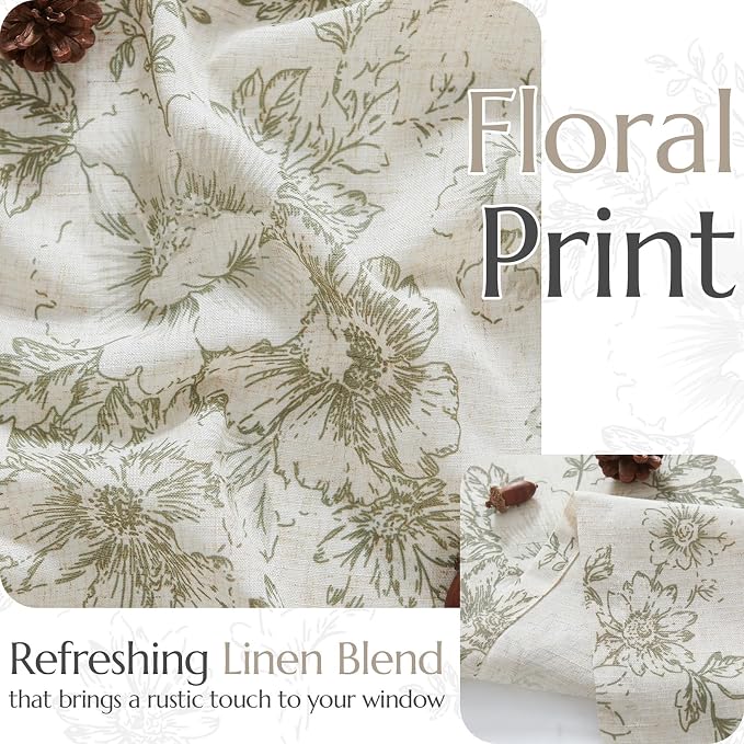 jinchan Floral Linen Tier Curtains Floral Sage on Beige Cafe Curtains 24 Inch Length Kitchen Living Room Bedroom Bathroom Farmhouse Rustic Country Rod Pocket 2 Panels