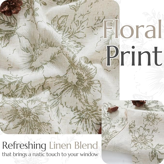 jinchan Floral Linen Tier Curtains Floral Sage on Beige Cafe Curtains 36 Inch Length Kitchen Living Room Bedroom Bathroom Farmhouse Rustic Country Rod Pocket 2 Panels