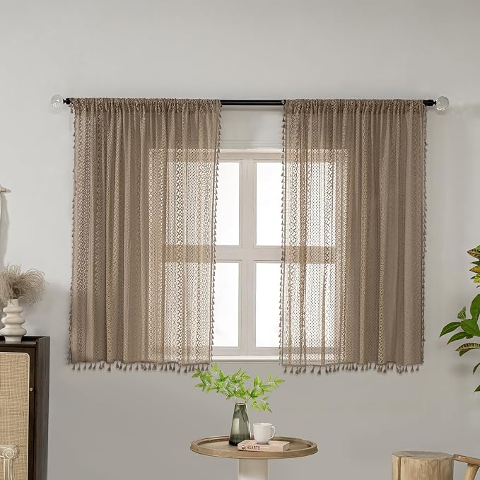 WAZZIO Boho Lace Curtains 45 Inches 2 Panel,Light Filtering Privacy Tassel & Geometry Crochet Semi Sheer Curtain Drapes for Bedroom Living Dining Room,Rod Pocket & Tassel,Earthy Color Taupe