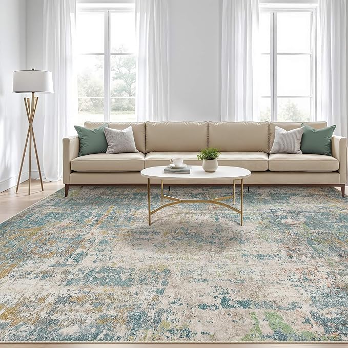 8x10 Area Rugs Living Room: Washable Large Abstract Neutral Modern Soft Rug Stain Resistant Indoor Floor Non-Slip Accent Carpet for Bedroom Nursery Playroom Office Dining Room Home Decor- Teal