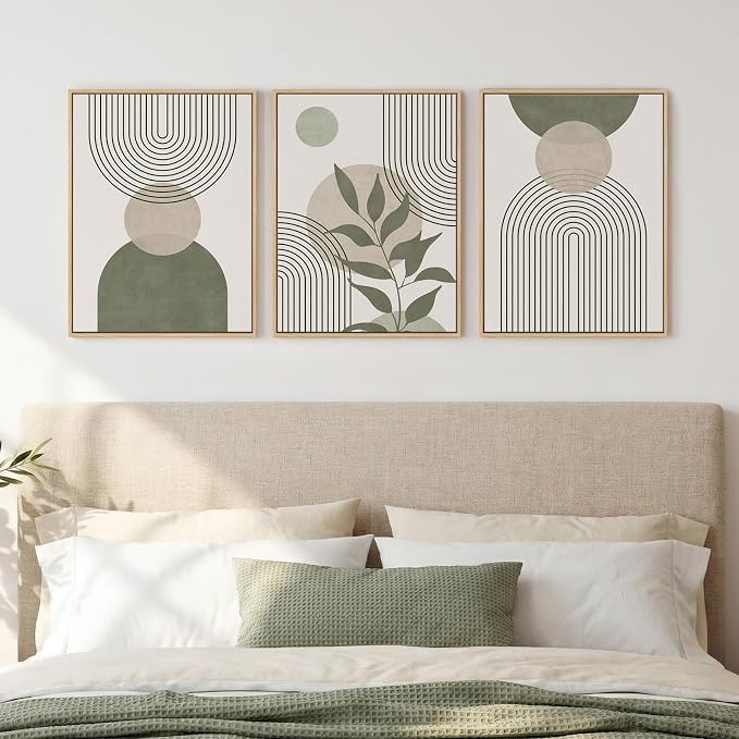 Framed Sage Green Boho Wall Art Bedroom, 3 Piece Beige Bohemian Canvas Paintings Prints Artwork for Walls, Minimalist Geometric Leaf Line Pictures for Living Room Hallway Kitchen Wall Decor, 12x16 In