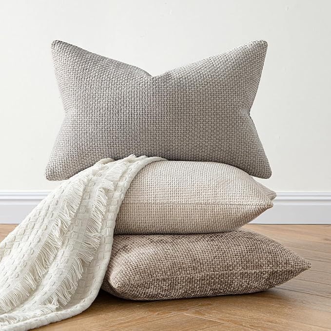 MIULEE Pack of 2 Couch Throw Pillow Covers 22x22 Inch Neutral Light Khaki Boho Accent Decorative Pillow Covers Soft Chenille Farmhouse Cushion Covers for Home Decor Bed Sofa Living Room