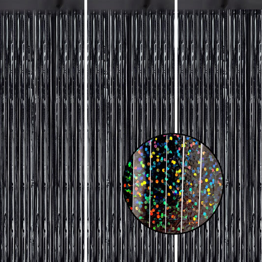 3 Pack Foil Fringe Backdrop - Laser Black Shiny Tinsel Curtains for Party Decoration/Photo Booth Props - 3.3x8.2 FT Metallic Foil Backdrop for Birthday, Wedding, Graduation, Christmas.