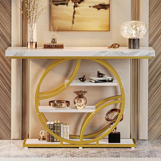 Huuger 47.2 Inch Entryway Table with Marble Top, Modern Console Sofa Table, Accent Table with Shelves, for Entry, Hallway, Entrance, Foyer, O-Shaped Metal Frame, White Marble & Gold