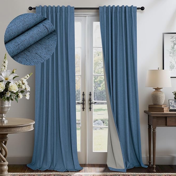 Denim Blue Back Tab Blackout Curtains 108 Inches Long 2 Panel Set Cotton Linen Textured Darkening Drapes Sound Proof Ceiling Curtain for Bedroom Living Room Divider Patio Sliding Glass Door 108 Length