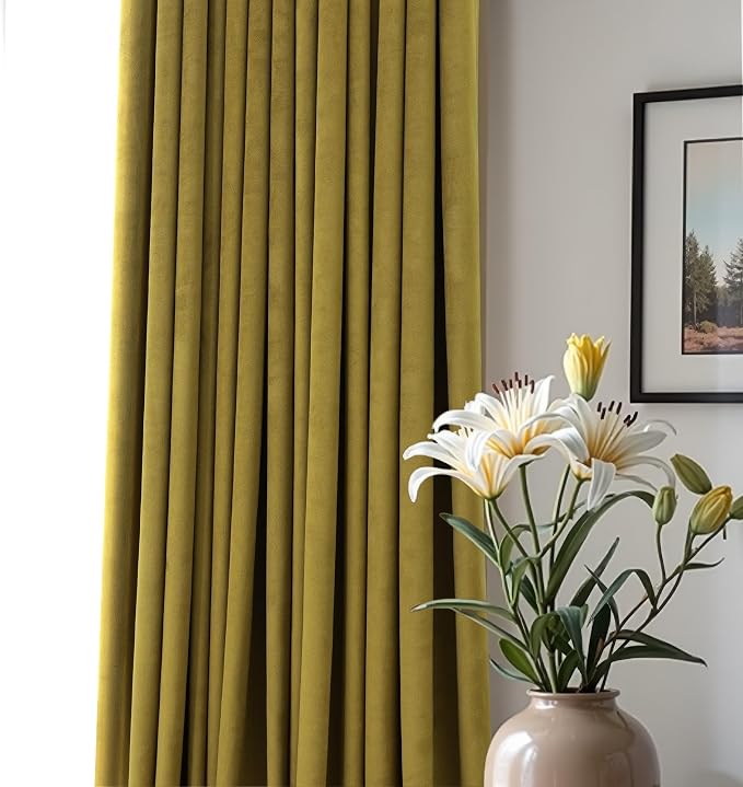 Chartreuse Green Velvet Curtains 84 Inches Long 2 Panels Set for Living Room Mid Century Modern Maximalist Psychedelic Vintage Olive Green Yellow Drapes for Bedroom Wide 52 x 84 Inch Length Back Tab