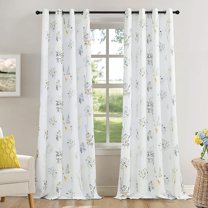XTMYI Yellow and Blue Floral Spring Curtains for Living Room, Pretty Ditsy Flower Printed Drapes, Summer Decorative Patterned Semi Blackout Window Panels for Sunroom Sliding Glass Door, 52" W x 84" L