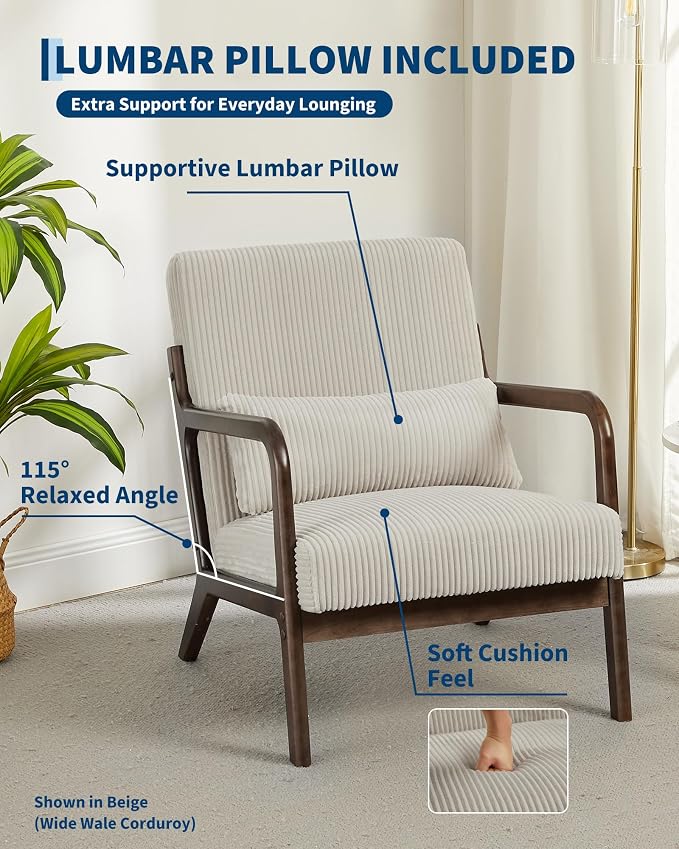 Garvee Mid-Century Modern Accent Chair, Wide-Wale Corduroy Upholstery, Solid Wood Armchair with Removable Lumbar Pillow, Sturdy Reading Chair for Living Room, Bedroom, Guest Room, Easy Assembly, Beige