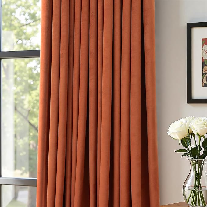 Terracotta Velvet Curtains 84 Inch Length 2 Panels Set Back Tab Luxury Boho Blackout Curtain for Living Room Bedroom Thermal Insulated Soft Window Drapes Brick Rust Orange Bohemian Fall Decor 7FT Long