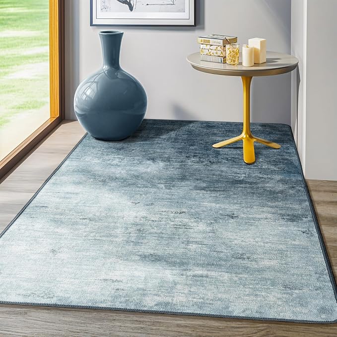 3x5 Washable Area Rug, Blue Solid Area Rugs for Living Room & Bedroom | Stain-resistant & Non-slip backing,Low Pile Washable Large Carpet, Solid Vintage Style For High Traffic Areas(3x5,Blue)