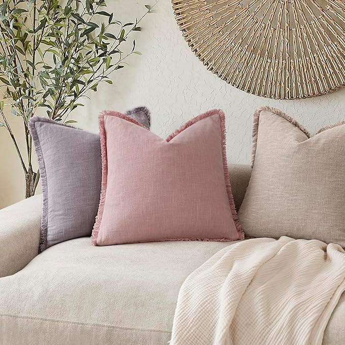 Foindtower Set of 2 Decorative Linen Fringe Throw Pillow Covers Cozy Boho Farmhouse Cushion Cover with Tassels Soft Accent Pillowcase for Couch Sofa Bed Living Room Home Decor,22×22 Inch,Rose Pink