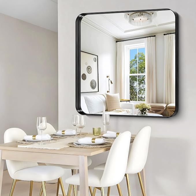 CIRCUMI Black Bathroom Mirror, 42"x42" Rectangular Mirror with Deep Metal Frame, Rounded Corner, Tempered Glass, Mirror for Wall, Oversink, Bedroom, Installed Vertically/Horizontally, Crystal-Clear