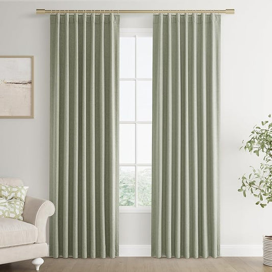 Joywell 100% Blackout Linen Curtains 80 Inches Length Long for Bedroom 2 Panels Set Black Out Curtain Back Tab Hook Belt Light Blocking Drapes for Living Room Office Window,W52 x L80,Sage Green