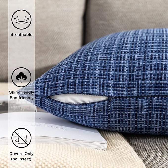 Kevin Textile Pack of 2 Decorative Outdoor Waterproof Throw Pillow Covers Stripe Square Pillowcases Modern Cushion Cases for Patio Couch Bench 20 x 20 Inch Navy Blue