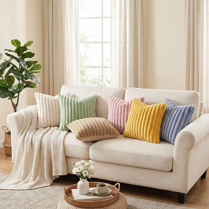 Pallene Faux Fur Plush Throw Pillow Covers 16x16 Set of 2, Luxury Soft Fluffy Striped Decorative Pillow Covers for Sofa, Couch, Living Room, Blush Pink
