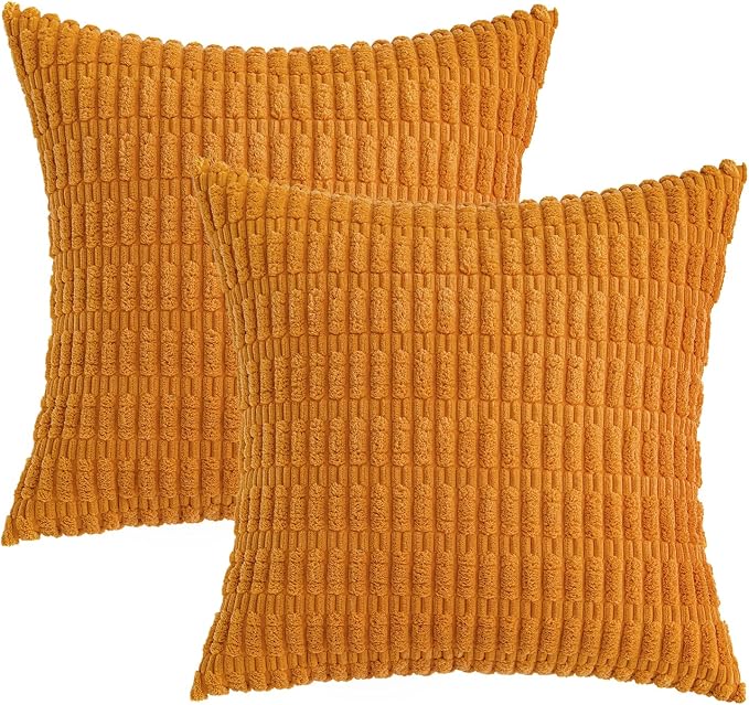 MIULEE Fall Pack of 2 Burnt Orange Corduroy Decorative Pillow Covers 20x20 Inch Soft Boho Striped Throw Pillow Covers Modern Farmhouse Home Decor for Sofa Living Room Couch Bed