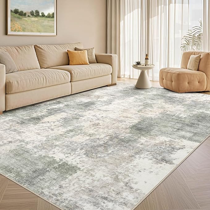 Tortania Washable 8x10 Area Rug for Living Room: Modern Abstract Neutral Large Soft Thin Rugs - Non Slip Indoor Carpet for Bedroom Dining Room Office Nursery Home Floor Decoration - Gray Green