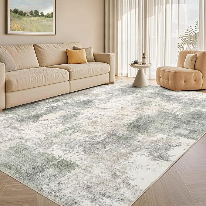 Tortania Washable 5x7 Area Rug for Living Room: Modern Abstract Neutral Large Soft Thin Rugs - Non Slip Indoor Carpet for Bedroom Dining Room Office Nursery Home Floor Decoration - Gray Green