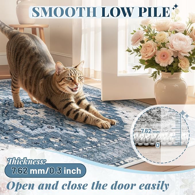 Area Rug 9x12 Vintage Rug: Large Washable Indoor Medallion Rugs Low Pile Distressed Floor Carpet Retro Accent Rug for Living Room Bedroom Kitchen Dining Table Home Office(Blue, 9'x12')