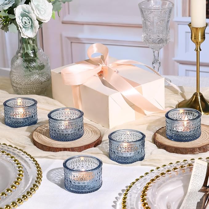 NITIME 4PCS Blue Votive Candle Holders for Wedding Decorations, Tea Lights Candle Holder for Table Centerpiece, Blue Polka Dot Glass Candle Holder for Home and Party Decoration