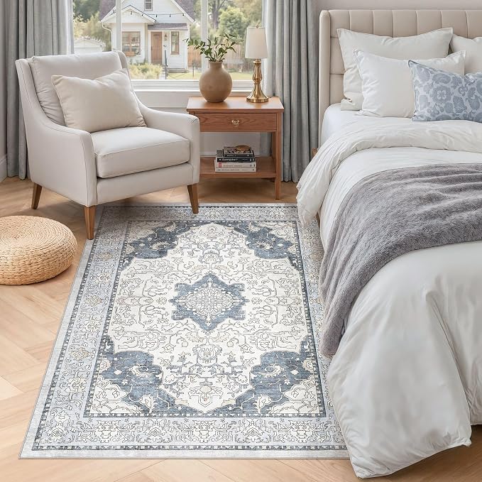 cotiled 3x5 Area Rug Machine Washable Vintage Carpet for Living Room Bedroom Soft Non-Slip Backing Floor Mat Kid & Pet Friendly Stain Resistant Light Blue