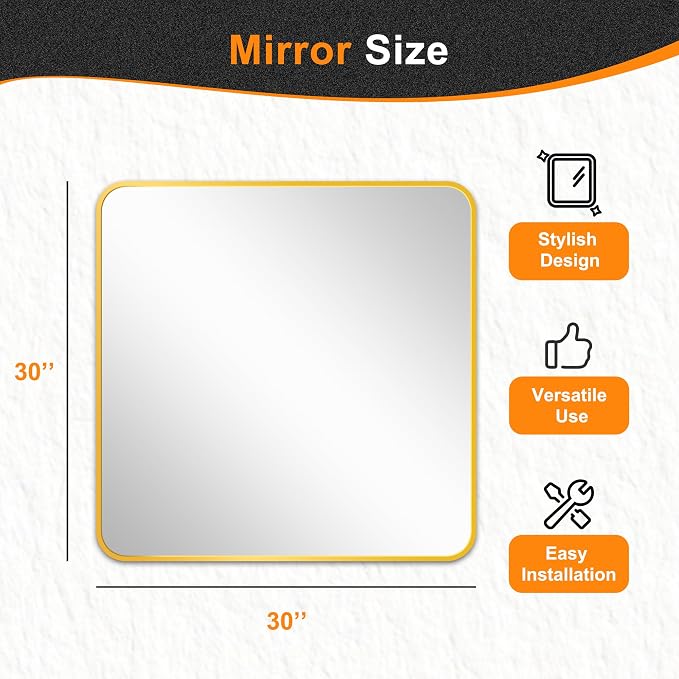 Delma Bathroom Vanity Mirror, Black Framed Bathroom Mirror for Over Sink, High-Definition Bathroom Mirror, Versatile Bathroom Vanity Mirror, Hangs Horizontally or Vertically(30x30, Gold)
