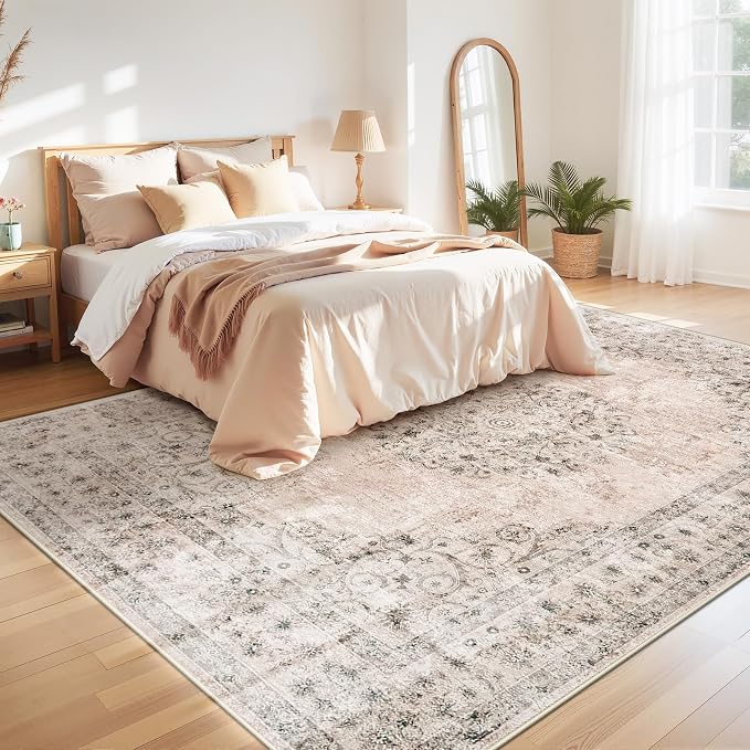 Area Rug 9x12 Vintage Rug: Large Washable Indoor Medallion Rugs Low Pile Distressed Floor Carpet Retro Accent Rug for Living Room Bedroom Kitchen Dining Table Home Office(Distressed Brown, 9'x12')