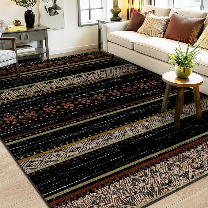 BESTSWEETIE 6x9 Area Rugs for Living Room Washable Moroccan Farmhouse Neutral Geometric Low Pile Non-Slip Soft Print Pattern Rug for Bedroom Kitchen Dining Room Entryway Black/Red/Brown/Cream/Yellow