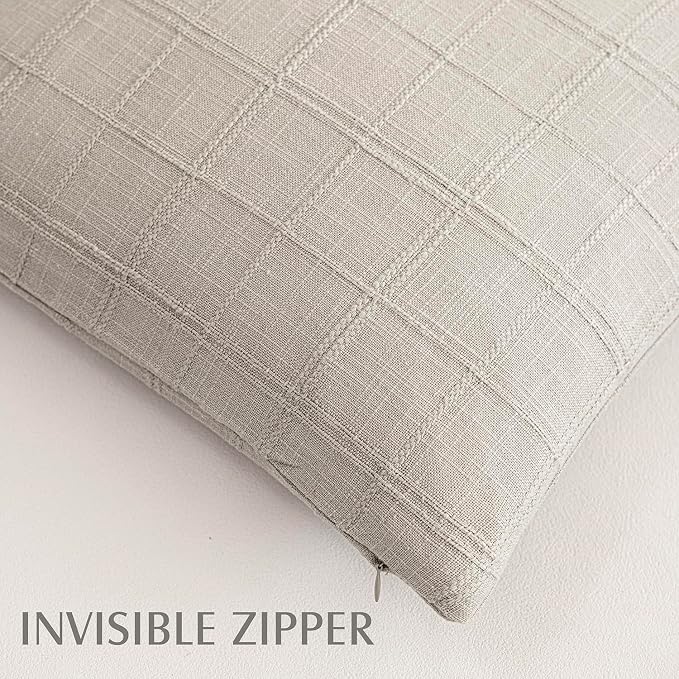 Foindtower Set of 2 Decorative Linen Check Throw Pillow Covers Neutral Farmhouse Vintage Cushion Covers Modern Coastal Boho Home Decor for Sofa Chair Couch Bedroom Living Room,22×22 Inch,Light Grey
