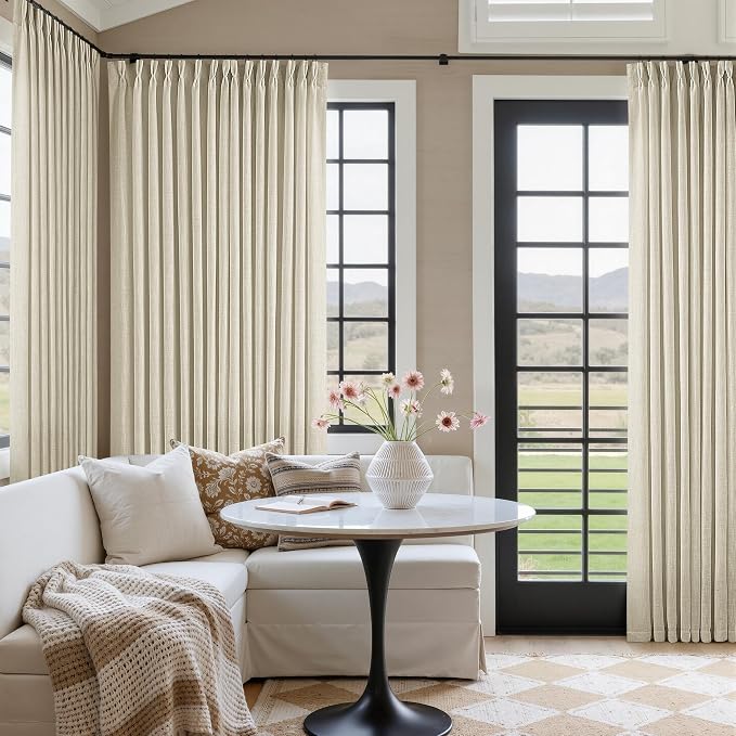 Extra Wide Pinch Pleat 100 x 90 Inch Linen Curtains for Living Room Neutral Beige Light Filtering Semi Sheer Pleated Curtains for Patio Glass Sliding Door Dining Bedroom Large Window 100x90 1 Panel