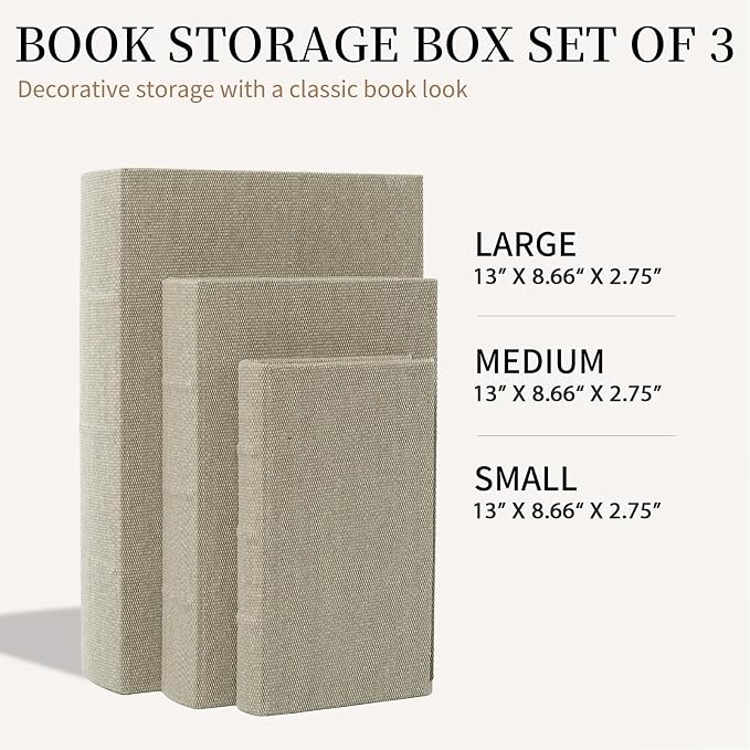 DECOR4SEASON Decorative Book Boxes Set of 3 – Modern Faux Linen & Wood Hidden Storage for Coffee Table – Stackable Fake Books for Shelf Decor, Remote Control & Jewelry Organizer (Warm Taupe)