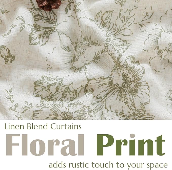 jinchan Linen Floral Tier Curtains 24 Inch Farmhouse Botanic Cafe Curtains Light Filtering Drapes for Small Windows Back Tab Half Window for Kitchen Living Room Bathroom 2 Panels Green