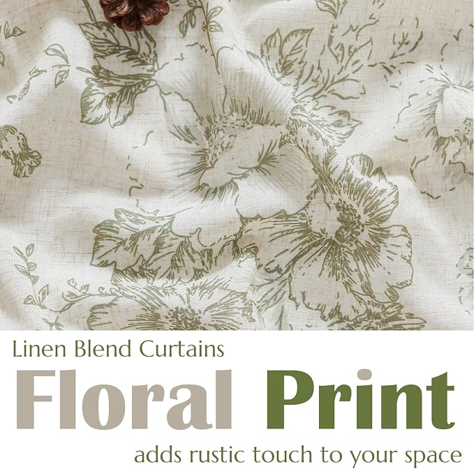 jinchan Linen Floral Tier Curtains 45 Inch Farmhouse Botanic Cafe Curtains Light Filtering Drapes for Small Windows Back Tab Half Window for Kitchen Living Room Bathroom 2 Panels Green