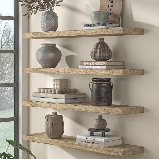 Fun Memories 24 Inch Reclaimed Wood Floating Shelves for Wall, 8 Inch Deep Heavy Duty Rustic Farmhouse Wall Mounted Shelf with Invisible Bracket for Bathroom, Kitchen & Bedroom, Natural