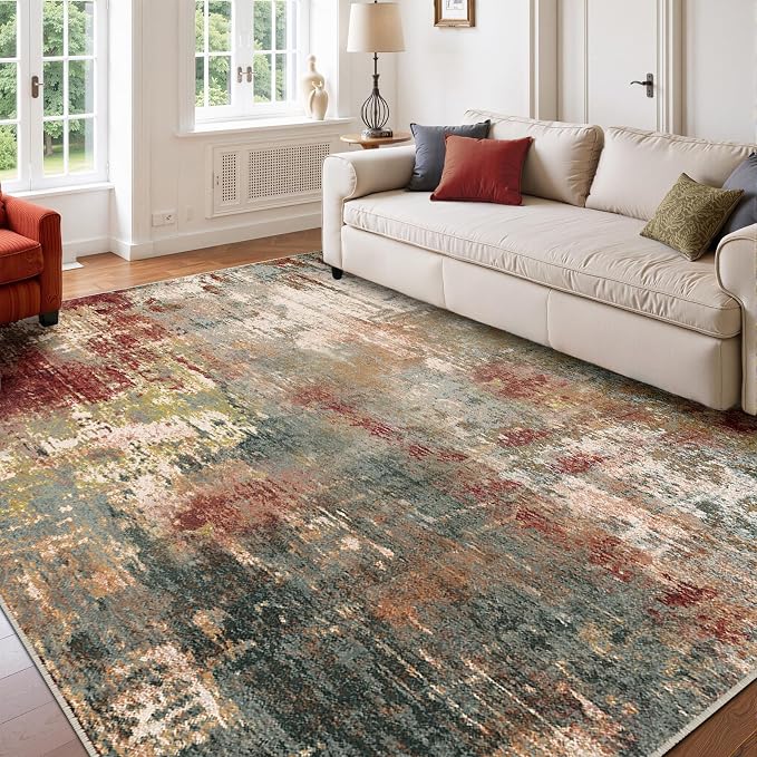 RELEANY Washable Area Rugs 6'x8' Non-Slip Modern Abstract Soft for Living Room Entryway Bedroom Kitchen, Print Pattern, Brown Rust Red Green Blue Multi