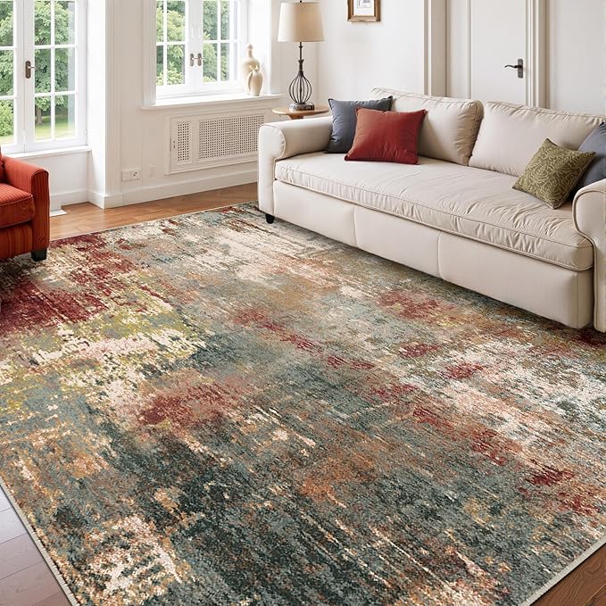 RELEANY Washable Area Rugs 9'x12' Non-Slip Modern Abstract Soft for Living Room Entryway Bedroom Kitchen, Print Pattern, Brown Rust Red Green Blue Multi