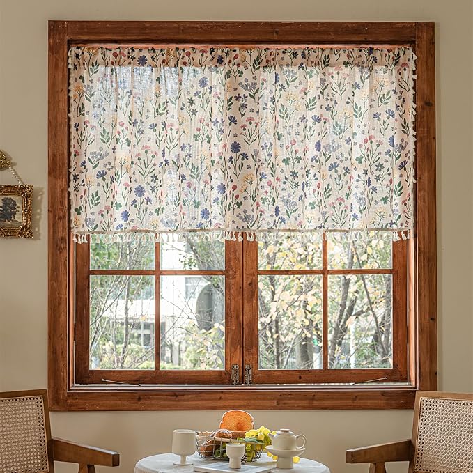 Deeprove Boho Valance Curtain 18 Inch with Tassels Cute Floral Herb Print Kitchen Window Sheer Short for Living Room Cafe Closet Farmhouse Chic Vintage Country Style Drape Decor 1 Panel 52W x 18L