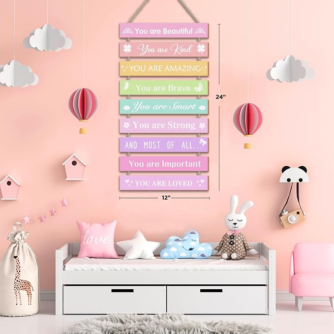Girls Room Wall Decor, Set of 9 Pieces Wall Decor for Girls Bedroom Teen Girl, Inspirational Wall Art Hanging Plaque for Kids Baby Girl Nursery Wall Decortaions