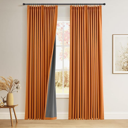Joywell Orange Pinch Pleated Linen 100% Blackout Curtains 96 Inches Long 2 Panels Insulated Thermal Full Blackout Drapes for Bedroom Living Room Darkening Pinch Pleat Curtains for Autumn 8 FT 40x96