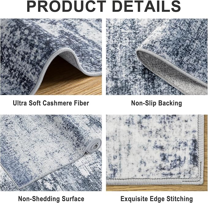 Area Rugs 9x12 Living Room - Washable Rug Modern Abstract Soft Large Neutral Non-Slip Carpet Indoor Floor Thin Carpets for Bedroom Dining Room Farmhouse Nursery Home Office Grey Blue