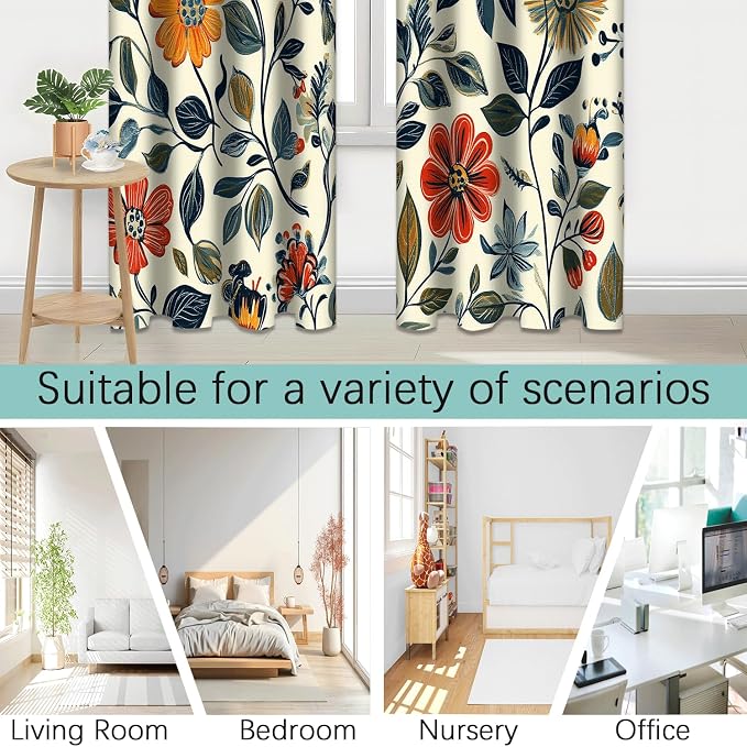 iTapnoom Floral Leaves Blackout Curtain, Red Yellow Boho Flowers Aesthetic Art Window Curtains Darkening Thermal Insulated Grommet Window Drapes for Living Room Bedroom Decor 2 Panels 52x84 Inches