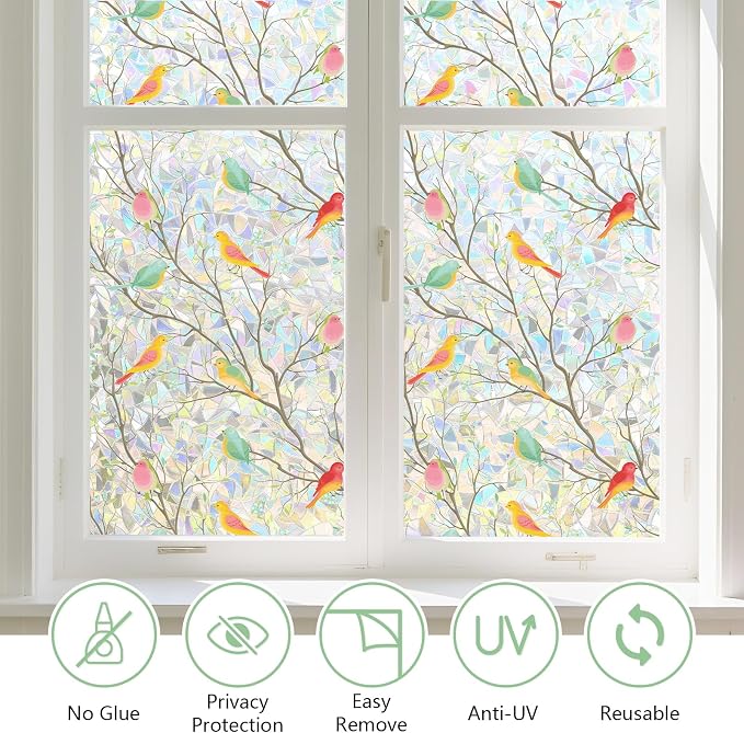 Kromapolis Window Privacy Film, Stained Glass Sticker Window Clings, Decorative Static Clings UV Blocking Colorful Decals, Removable Vinyl Covering Rainbow Bird, 17.5'' x 157.4''