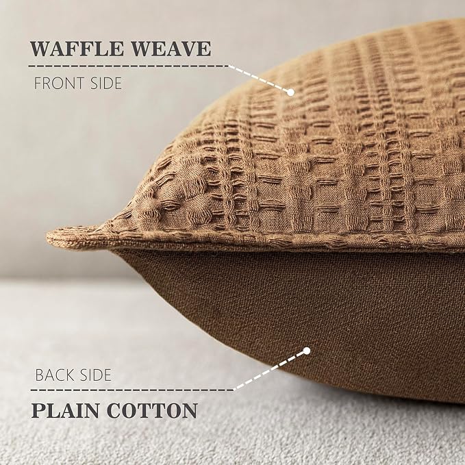 Foindtower Set of 2 Decorative Cotton Waffle Weave Throw Pillow Covers Euro Shams Cushion Covers Accent European Pillowcase for Bed Couch Sofa Bedroom Living Room Home Decor 18×18 Inch Orange Brown